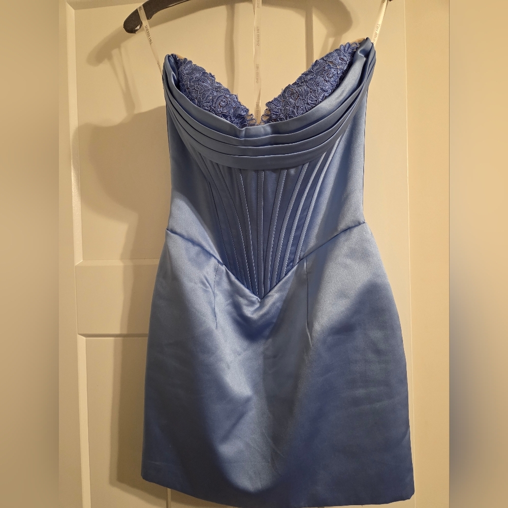 Sherri Hill Strapless Blue Dress with Lace Accent